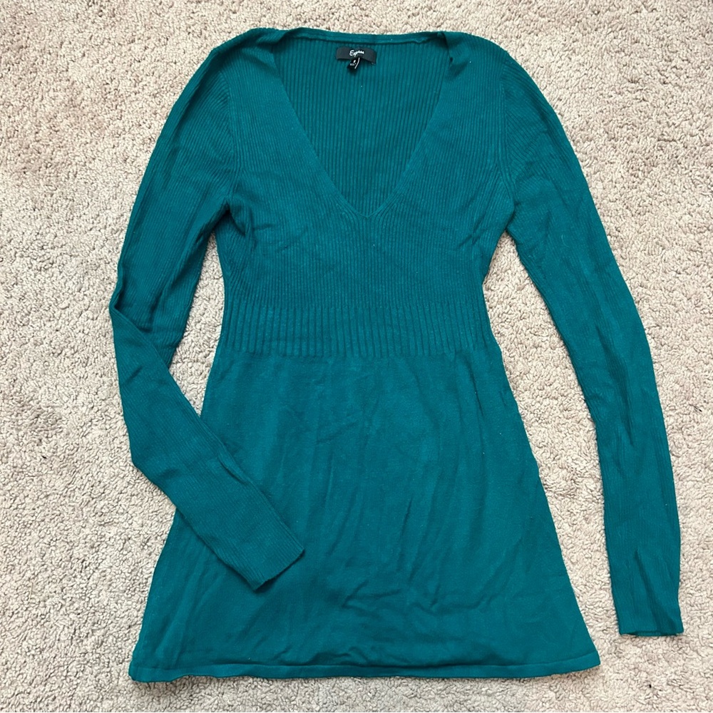 Express Teal Green Long Sleeve Ribbed V-Neck Sweater Tunic Small
